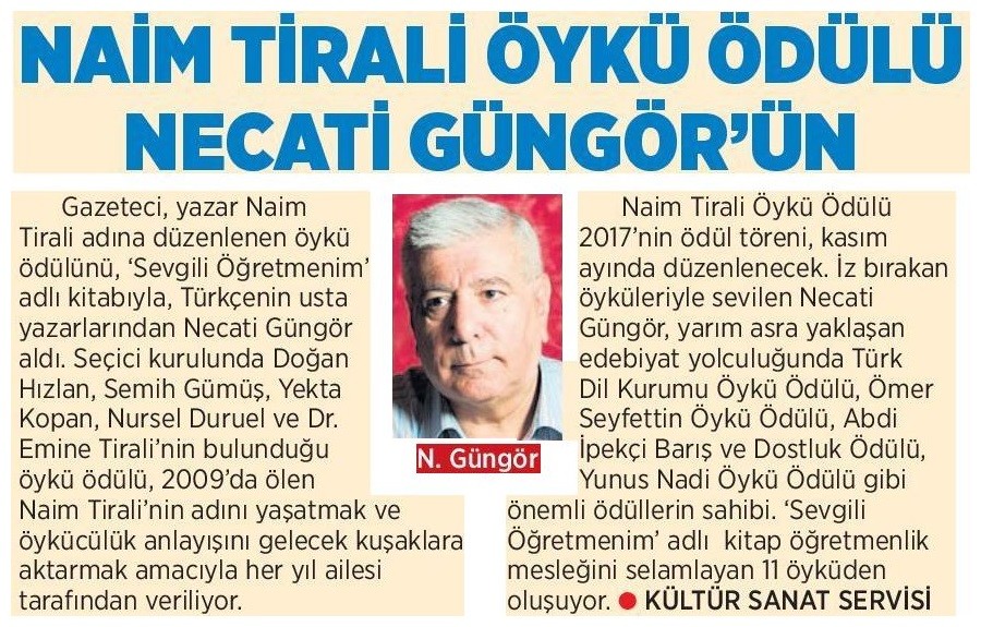 14-10-2017 | Milliyet | Naim Tirali Öykü Ödülü Necati Güngör’ün